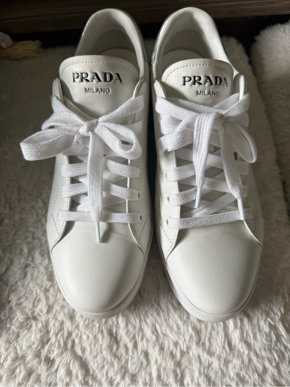 Prada White Leather Low-Top Lace-Up Sneakers